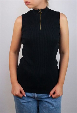 VINTAGE 90'S RIBBED HIGH ZIP NECK / TURTLENECK TOP/ VEST