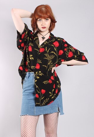 VINTAGE 80S FLORAL PATTERNED OVERSIZE BLOUSE SHIRT