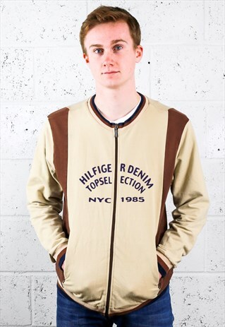 BEIGE AND BROWN LARGE SPELLOUT ZIP-UP JUMPER