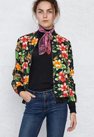 VINTAGE BLACK GREEN FLORAL BOMBER JACKET