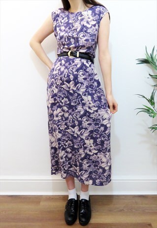 80S VINTAGE PURPLE & WHITE FLORAL SLEEVELESS MAXI DRESS