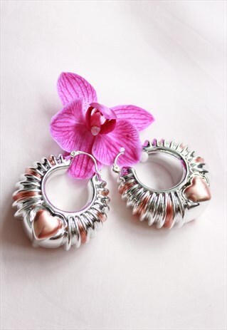 SILVER ROSE GOLD HEART BOLD TWISTED HOOPS EARRINGS
