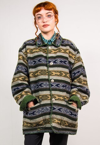 VINTAGE 90'S GREEN STRIPED AZTEC PATTERN COAT JACKET