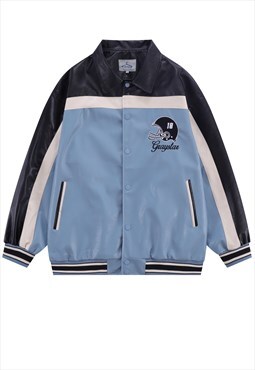 Faux leather college jacket baseball varsity bomber in blue