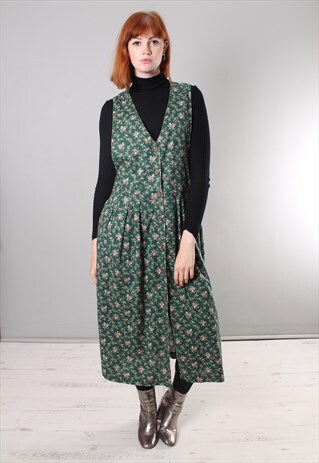VINTAGE 80S FLORAL PATTERNED BUTTON PINAFORE DRESS