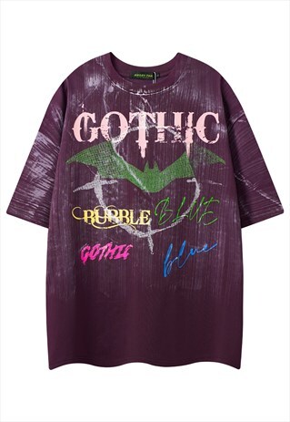 GOTHIC T-SHIRT BAT PRINT TEE ACID WASH PUNK TOP IN PURPLE