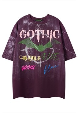 Gothic t-shirt bat print tee acid wash punk top in purple
