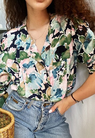 VINTAGE 80S ABSTRACT FLORAL PAINTING HAUTE BOHEME BLOUSE TOP