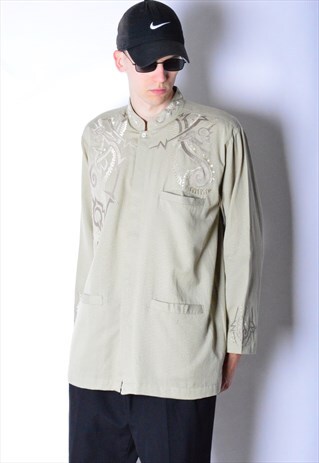 VINTAGE 70S KHAKI EMBROIDERED COLLARLESS SHIRT