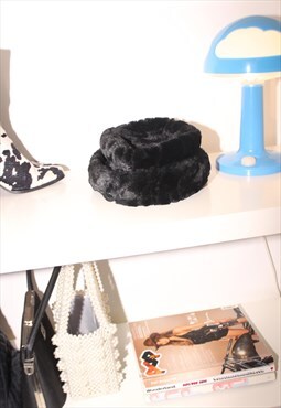 Vintage 90s Y2K Black Fluffy Faux Fur Bucket Hat