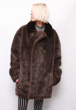 VINTAGE 90' AMAZING BROWN UNISEX FAUX FUR COAT