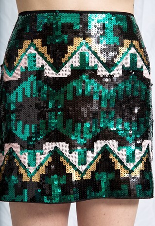 90S GREEN AZTEC SEQUIN MINI SKIRT