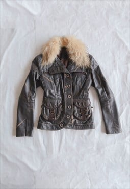 vintage y2k Italian Leather Jacket with Removable Collar