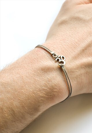 SILVER OM BRACELET FOR MAN GREY CORD YOGA GIFT FOR HIM OHM