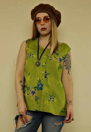 VINTAGE 90'S GREEN FLORAL BUTTON THROUGH SMOCK TOP