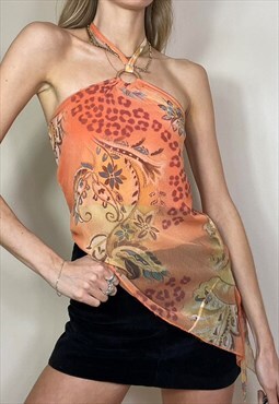 Vintage Y2K Halter Neck Mesh Top Asymmetric Summer Orange
