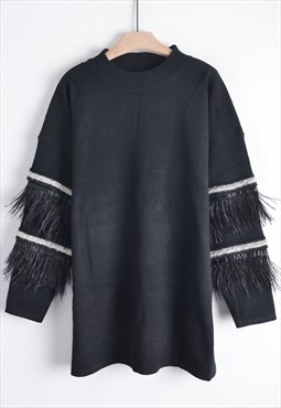 Jumper with Feather and Sequin Embellished Sleeves Black