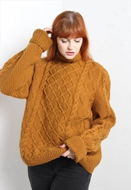 Vintage 90's Cable Knit Turtle Neck Super Thick Jumper Orang