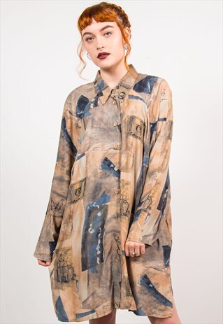 VINTAGE 90'S OVERSIZE PATTERNED GRUNGE SHIRT DRESS