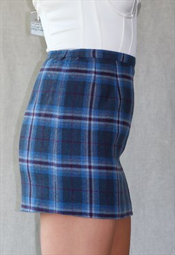 Vintage 70's Pure Wool Blue Checked Mini Skirt
