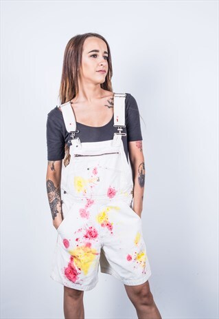 VINTAGE WHITE DENIM SHORT PAINT DUNGAREES