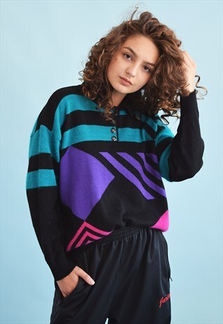 80'S RETRO ABSTRACT PATTERN KNIT WOOLEN OVERSIZED JUMPER