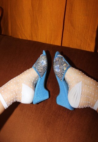 RARE DEADSTOCK VINTAGE 1960S/70S BLUE FLORAL TOWEL SLIPPERS