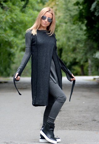 LONG BLACK WOOL VEST / SLEEVELESS WOOL COAT/WOOL VEST