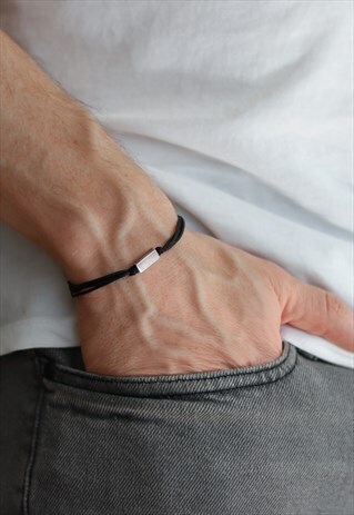 SILVER SQUARE BEAD BRACELET FOR MEN BLACK CORD GIFT FOR HIM
