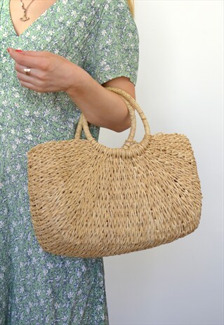 VINTAGE 90S BROWN WICKER STRAW BASKET BAG