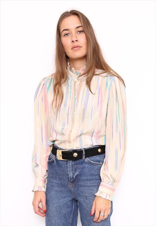 VINTAGE 80S PASTEL STRIPED RUFFLE SHIRT