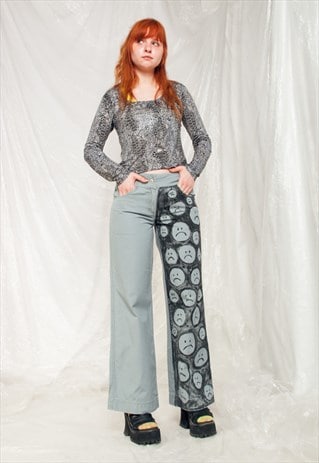 Vintage Flare Jeans Y2K Reworked Sad Face Hand-painted Pants