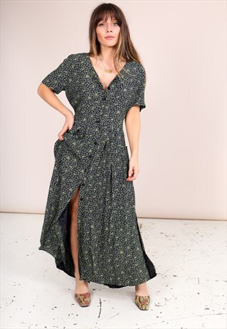 VINTAGE 90S GREEN FLORAL PRINT MAXI THIGH SPLIT DRESS