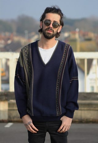 VINTAGE // 80'S // PATTERNED V-NECK JUMPER