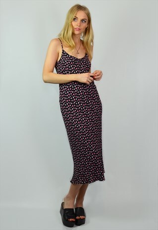 VINTAGE 90S SUMMER BLACK & PINK HEART MIDI SLIP DRESS