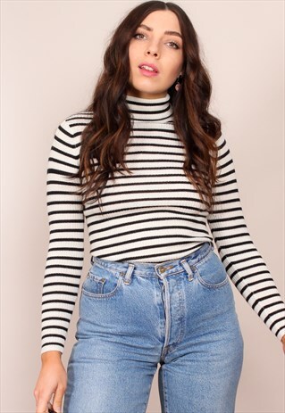 VINTAGE 90S RIB KNIT STRIPE TURTLENECK JUMPER