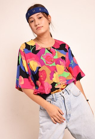 VINTAGE 90S RETRO MULTICOLOUR FLORAL PRINT BLOUSE TOP
