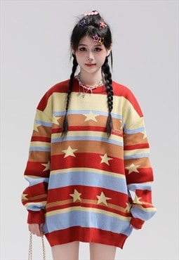Star print sweater knitted striped jumper skater top in red