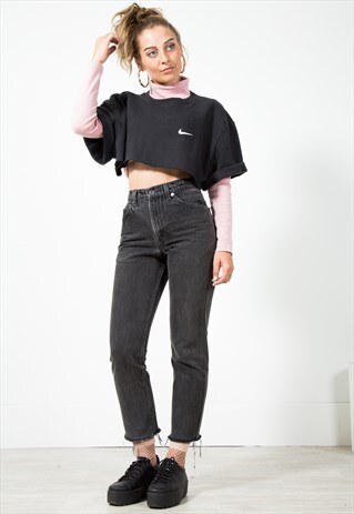 VINTAGE 80S REWORKED FRAYED HEM MOM JEANS BLACK MIDWASH/0014
