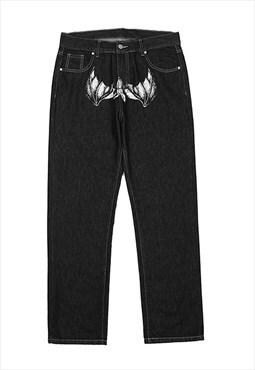 Black Grafitti Printed Relaxed Fit Denim Jeans Pants Y2k