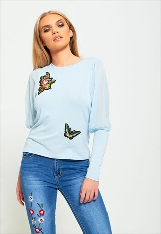 BABY BLUE FLORAL EMBROIDERY MESH SLEEVE KNIT JUMPER