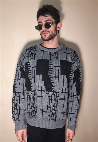 90S VINTAGE GREY/BLACK GEOMETRIC TETRIS PATTERNED JUMPER