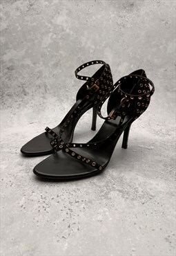 Gucci Sandals Heels Authentic 39.5 / 6.5 Black Gold Studded 