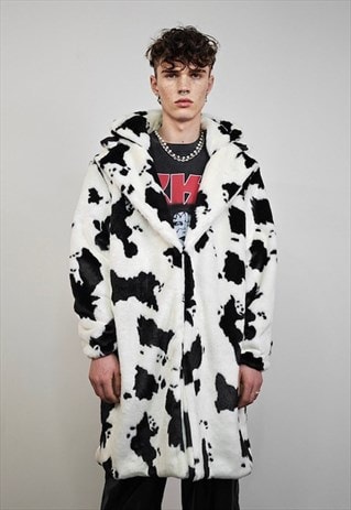 COW PRINT COAT FAUX FUR SPOT PATTERN TRENCH ANIMAL OVERCOAT