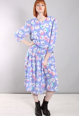 VINTAGE 80S FLORAL PATTERNED SLOUCHY MIDI DRESS