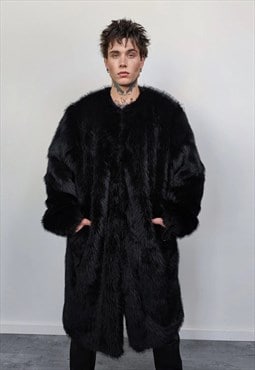 Collarless long faux fur coat luxury fleece trench jacket 