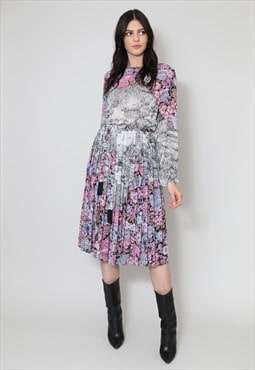 70's Vintage Ladies Dress Long Sleeve Floral Pleated Midi