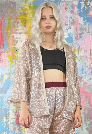 KIMONO IN ALL OVER CHAMPAGNE BEIGE SEQUINS
