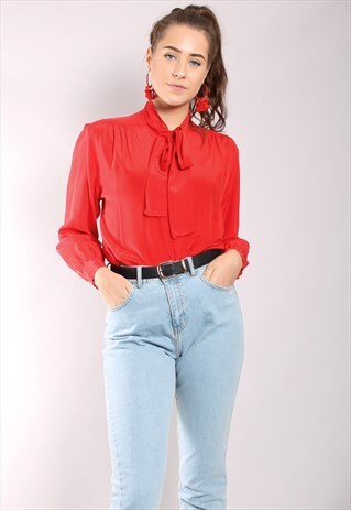 VINTAGE 80S RED TIE NECK BLOUSE