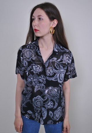 VINTAGE 70S FLORAL PRINT BLACK BLOUSE, SIZE S